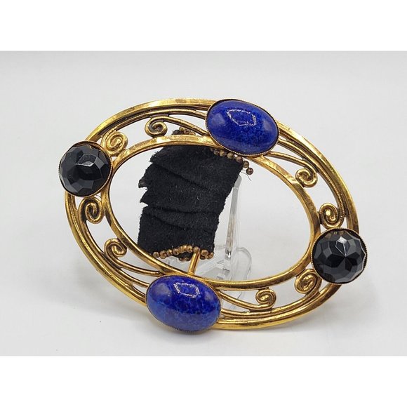 Huge Vintage Buckle w/ Prong Set Lapis Glass & Jet Faceted Rhinestone